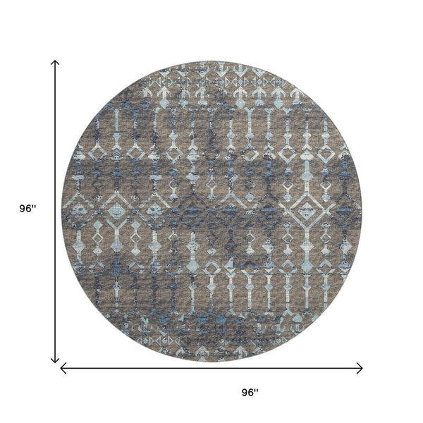 HomeRoots 8' Burnished Brown & Blue Tribal Round Rug - Washable, UV-Protected, Ideal for High-Traffic Areas 644147