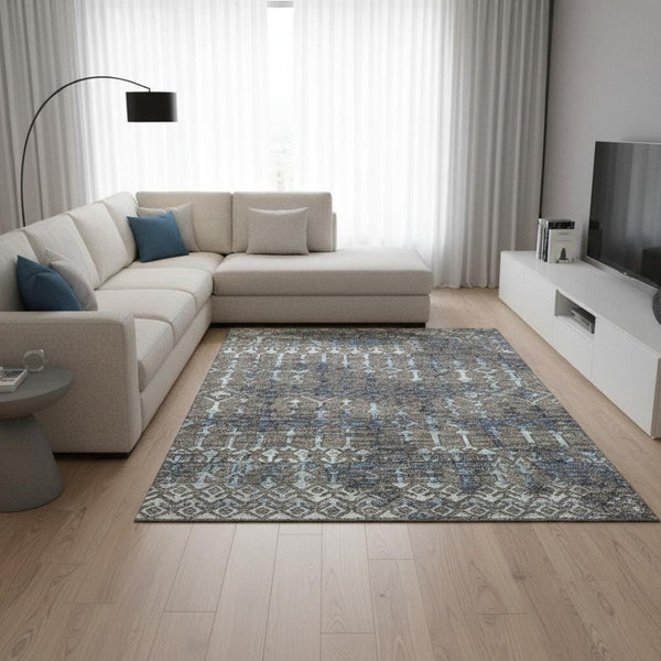HomeRoots 8' X 10' Washable Tribal Area Rug in Burnished Brown & Blue – UV Protected, Durable, Easy Care! 644148