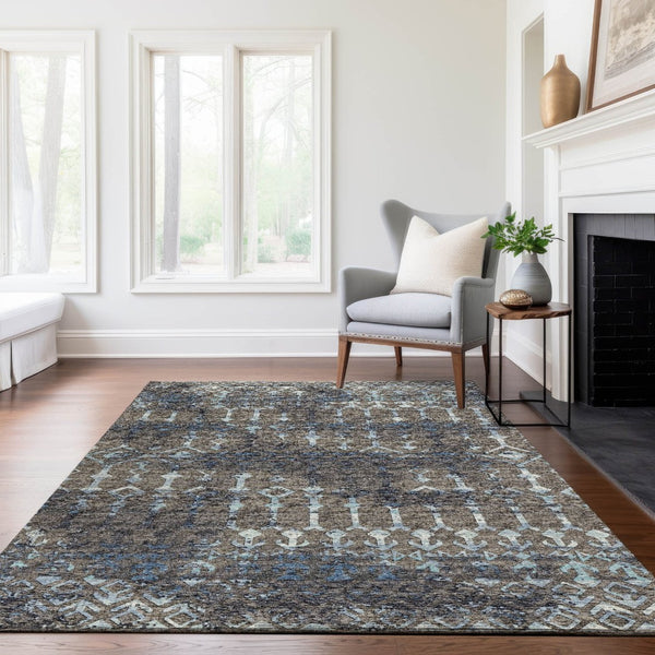 HomeRoots 8' X 10' Washable Tribal Area Rug in Burnished Brown & Blue – UV Protected, Durable, Easy Care! 644148