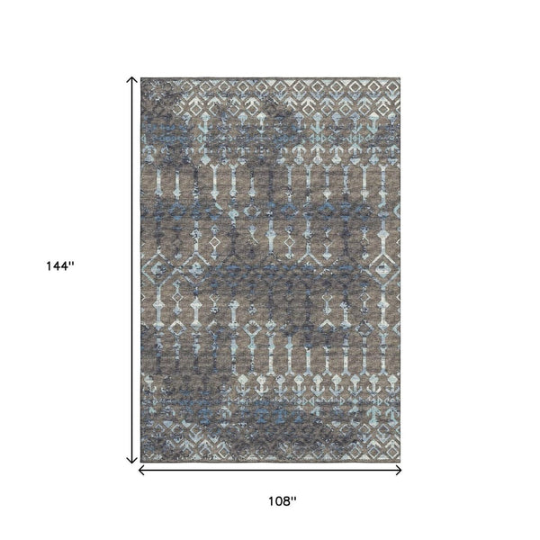HomeRoots 9' X 12' Burnished Brown & Blue Tribal Area Rug - Durable, Washable, UV Protected for High-Traffic Spaces 644149