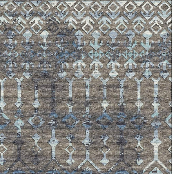 HomeRoots 9' X 12' Burnished Brown & Blue Tribal Area Rug - Durable, Washable, UV Protected for High-Traffic Spaces 644149