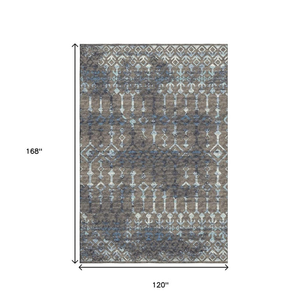 HomeRoots 10' X 14' Burnished Brown & Blue Tribal Area Rug - Durable, Washable, UV-Protected for High-Traffic Homes 644150