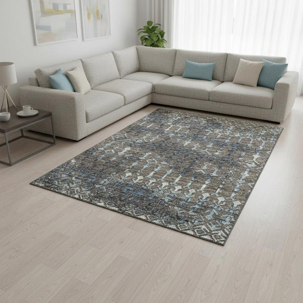 HomeRoots 10' X 14' Burnished Brown & Blue Tribal Area Rug - Durable, Washable, UV-Protected for High-Traffic Homes 644150