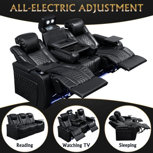 English Elm 86.6"power Recliner Set Genuine Nappa Leather Home Theater Rgb Lighting Usb Charging Black W3819S00091