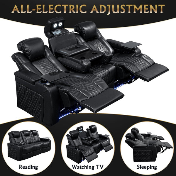English Elm 86.6"power Recliner Set Genuine Nappa Leather Home Theater Rgb Lighting Usb Charging Black W3819S00091