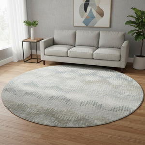 HomeRoots 8' Elegant Linen and Ivory Abstract Round Rug - Washable, UV Protected, Perfect for High-Traffic Areas 644153