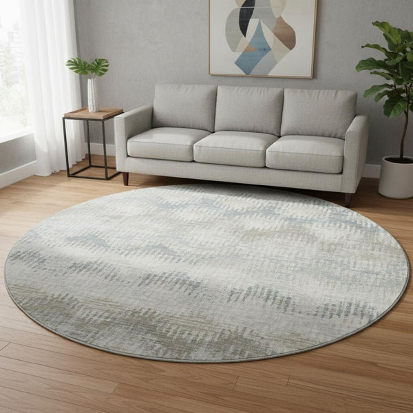 HomeRoots 8' Elegant Linen and Ivory Abstract Round Rug - Washable, UV Protected, Perfect for High-Traffic Areas 644153