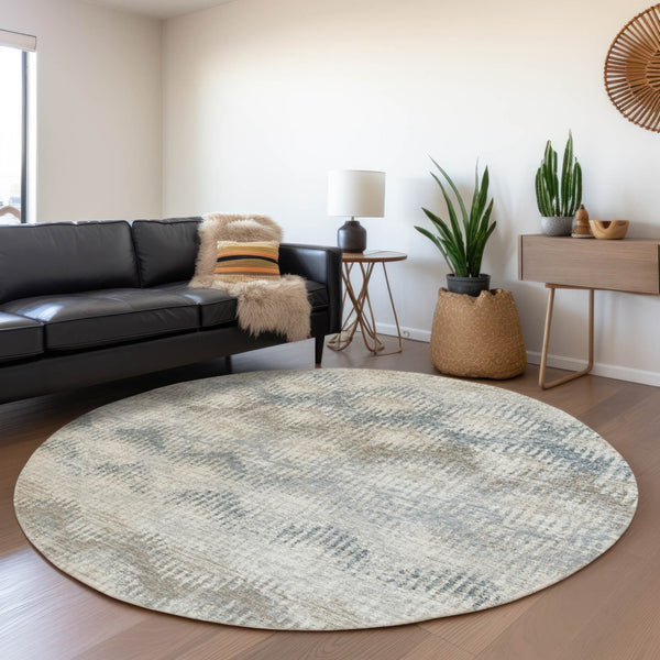 HomeRoots 8' Elegant Linen and Ivory Abstract Round Rug - Washable, UV Protected, Perfect for High-Traffic Areas 644153