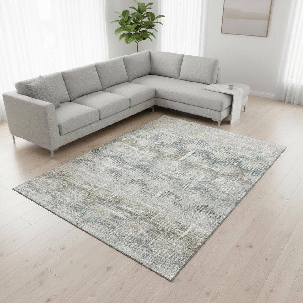 HomeRoots 9' X 12' Elegant Linen and Ivory Abstract Washable Area Rug with UV Protection for High-Traffic Spaces 644155