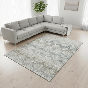 HomeRoots 9' X 12' Elegant Linen and Ivory Abstract Washable Area Rug with UV Protection for High-Traffic Spaces 644155