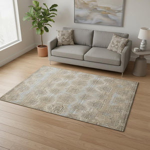 HomeRoots 5' X 8' Abstract Washable Area Rug in Brown, Ivory & Sky Blue - UV Protection for Busy Homes 644158