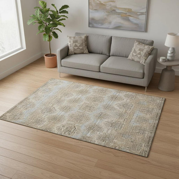 HomeRoots 5' X 8' Abstract Washable Area Rug in Brown, Ivory & Sky Blue - UV Protection for Busy Homes 644158