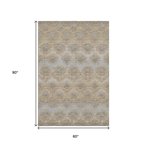 HomeRoots 5' X 8' Abstract Washable Area Rug in Brown, Ivory & Sky Blue - UV Protection for Busy Homes 644158