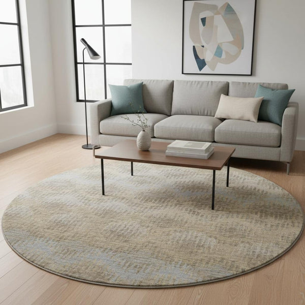 HomeRoots 8' Abstract Round Rug in Brown, Ivory & Sky Blue - Washable, UV Protected, Perfect for High Traffic Areas! 644159