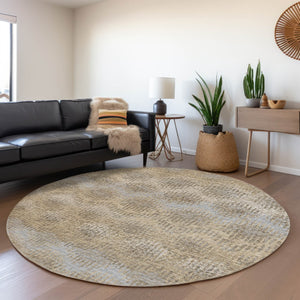 HomeRoots 8' Abstract Round Rug in Brown, Ivory & Sky Blue - Washable, UV Protected, Perfect for High Traffic Areas! 644159