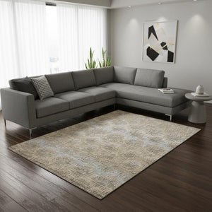 HomeRoots 9' X 12' Stylish Brown Ivory Sky Blue Abstract Area Rug - Washable, UV Protected, Stain Resistant 644161