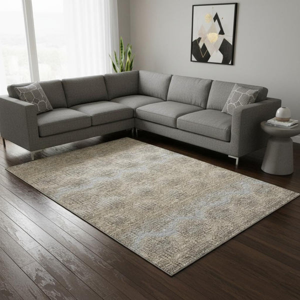 HomeRoots 10' Contemporary Abstract Area Rug in Brown, Ivory & Sky Blue - Washable, UV Protected, Durable Design 644162