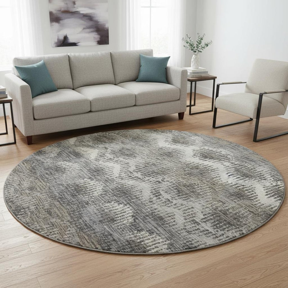HomeRoots 8' Graphite Ivory Beige Abstract Washable Round Rug – Durable, Stylish, UV-Protected & Family-Friendly! 644165