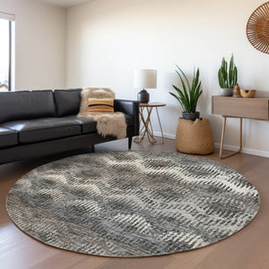 HomeRoots 8' Graphite Ivory Beige Abstract Washable Round Rug – Durable, Stylish, UV-Protected & Family-Friendly! 644165