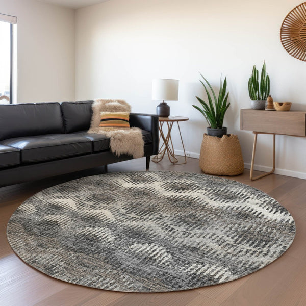 HomeRoots 8' Graphite Ivory Beige Abstract Washable Round Rug – Durable, Stylish, UV-Protected & Family-Friendly! 644165