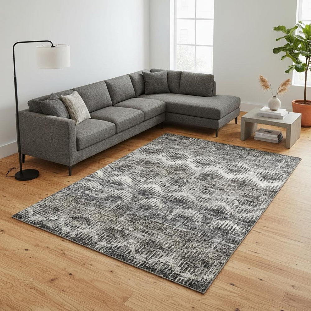 HomeRoots 9' X 12' Graphite Ivory Beige Abstract Area Rug - Washable, UV Protected, Stylish & Durable Design 644167