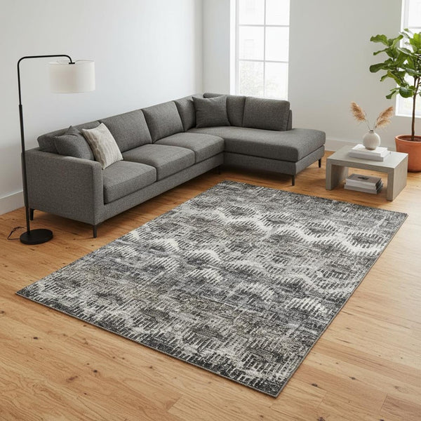 HomeRoots 9' X 12' Graphite Ivory Beige Abstract Area Rug - Washable, UV Protected, Stylish & Durable Design 644167
