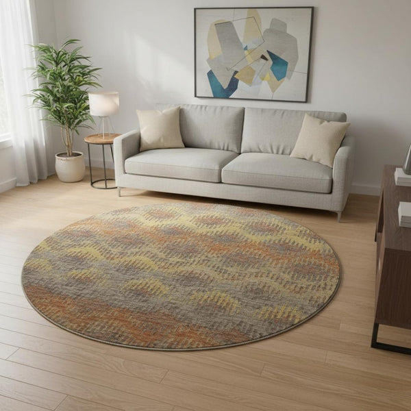 HomeRoots 8' Burnt Sienna Gold and Gray Abstract Round Rug - Washable, UV Protected, Kid & Pet Friendly! 644171