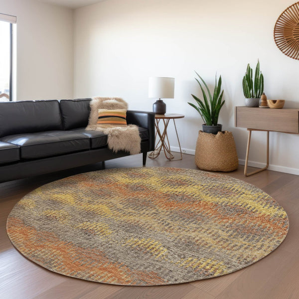 HomeRoots 8' Burnt Sienna Gold and Gray Abstract Round Rug - Washable, UV Protected, Kid & Pet Friendly! 644171