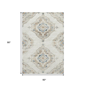 HomeRoots 5' X 8' Linen Ivory and Blue Tribal Area Rug - Durable, Washable, UV-Protected for Busy Homes 644176