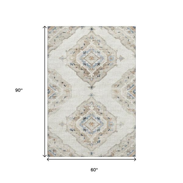 HomeRoots 5' X 8' Linen Ivory and Blue Tribal Area Rug - Durable, Washable, UV-Protected for Busy Homes 644176
