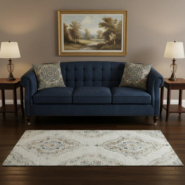 HomeRoots 5' X 8' Linen Ivory and Blue Tribal Area Rug - Durable, Washable, UV-Protected for Busy Homes 644176