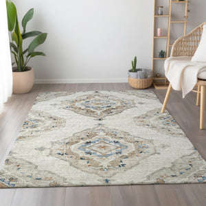 HomeRoots 5' X 8' Linen Ivory and Blue Tribal Area Rug - Durable, Washable, UV-Protected for Busy Homes 644176