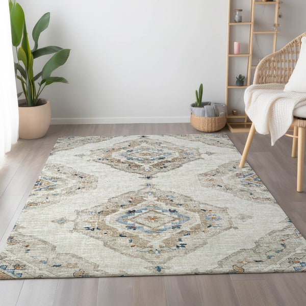 HomeRoots 5' X 8' Linen Ivory and Blue Tribal Area Rug - Durable, Washable, UV-Protected for Busy Homes 644176