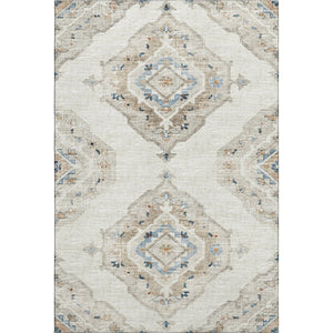 HomeRoots 5' X 8' Linen Ivory and Blue Tribal Area Rug - Durable, Washable, UV-Protected for Busy Homes 644176