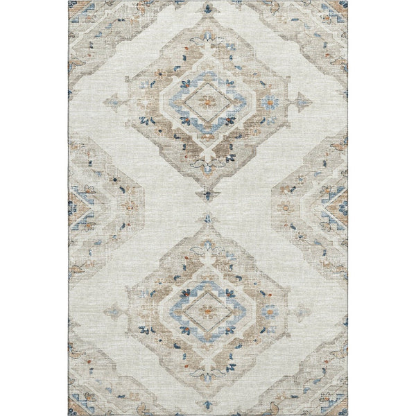 HomeRoots 5' X 8' Linen Ivory and Blue Tribal Area Rug - Durable, Washable, UV-Protected for Busy Homes 644176