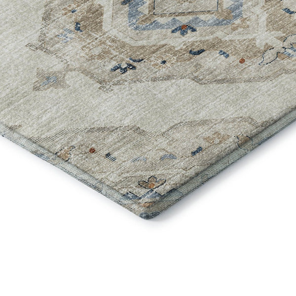 HomeRoots 5' X 8' Linen Ivory and Blue Tribal Area Rug - Durable, Washable, UV-Protected for Busy Homes 644176