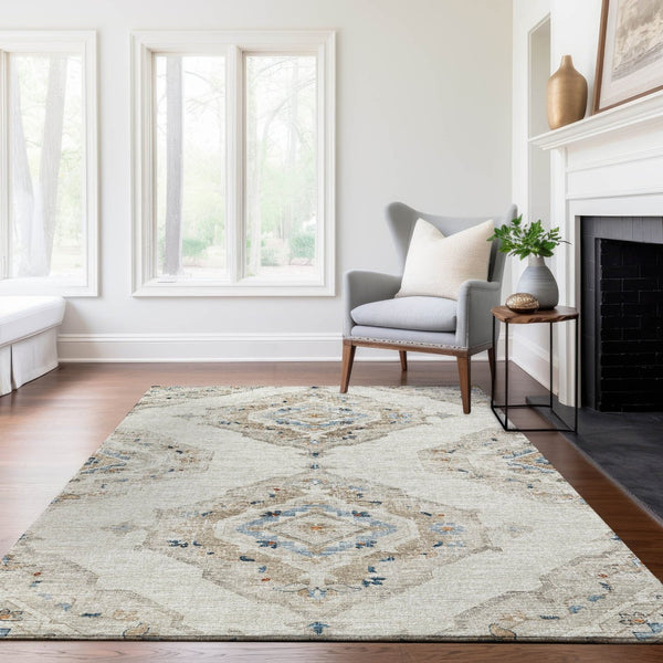HomeRoots 5' X 8' Linen Ivory and Blue Tribal Area Rug - Durable, Washable, UV-Protected for Busy Homes 644176