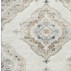 HomeRoots 5' X 8' Linen Ivory and Blue Tribal Area Rug - Durable, Washable, UV-Protected for Busy Homes 644176