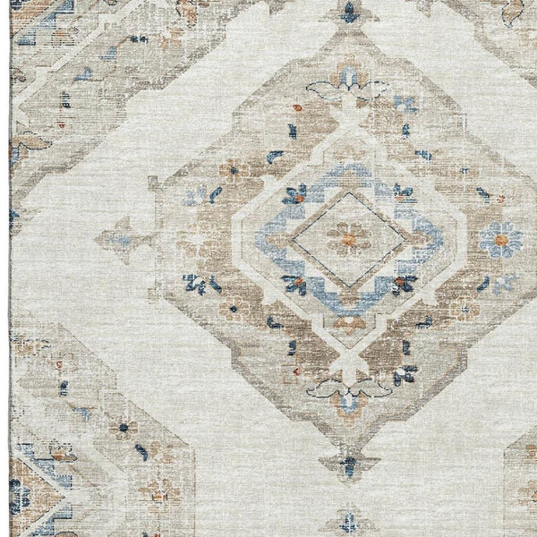 HomeRoots 5' X 8' Linen Ivory and Blue Tribal Area Rug - Durable, Washable, UV-Protected for Busy Homes 644176