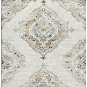 HomeRoots 5' X 8' Linen Ivory and Blue Tribal Area Rug - Durable, Washable, UV-Protected for Busy Homes 644176