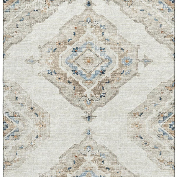 HomeRoots 5' X 8' Linen Ivory and Blue Tribal Area Rug - Durable, Washable, UV-Protected for Busy Homes 644176