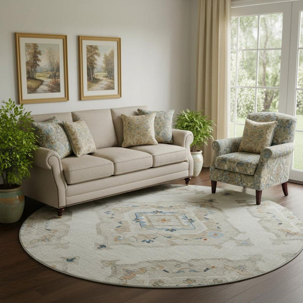 HomeRoots 8' Linen Ivory & Blue Tribal Round Rug – Stylish, Washable, UV-Protected for High-Traffic Areas 644177