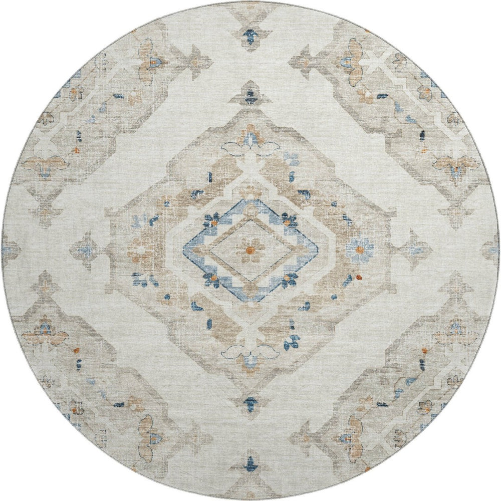 HomeRoots 8' Linen Ivory & Blue Tribal Round Rug – Stylish, Washable, UV-Protected for High-Traffic Areas 644177