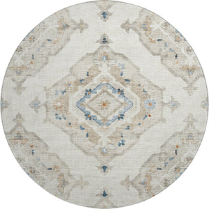 HomeRoots 8' Linen Ivory & Blue Tribal Round Rug – Stylish, Washable, UV-Protected for High-Traffic Areas 644177