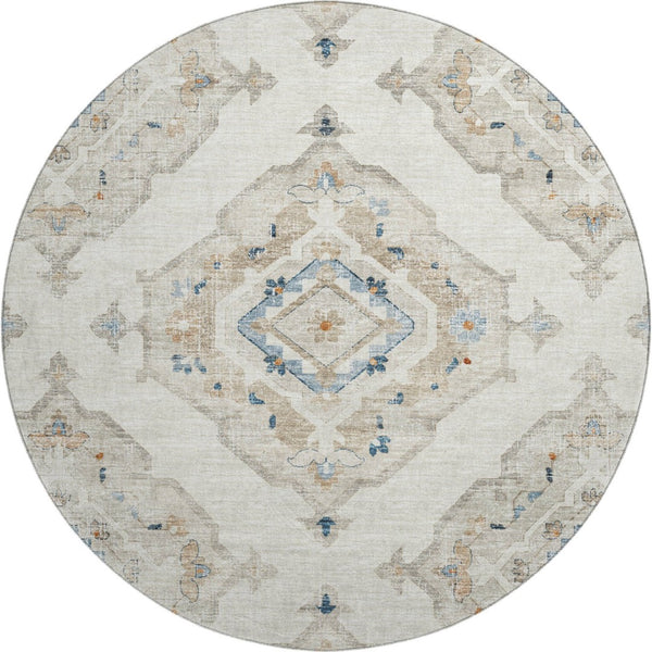 HomeRoots 8' Linen Ivory & Blue Tribal Round Rug – Stylish, Washable, UV-Protected for High-Traffic Areas 644177