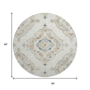HomeRoots 8' Linen Ivory & Blue Tribal Round Rug – Stylish, Washable, UV-Protected for High-Traffic Areas 644177
