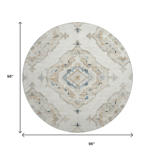 HomeRoots 8' Linen Ivory & Blue Tribal Round Rug – Stylish, Washable, UV-Protected for High-Traffic Areas 644177