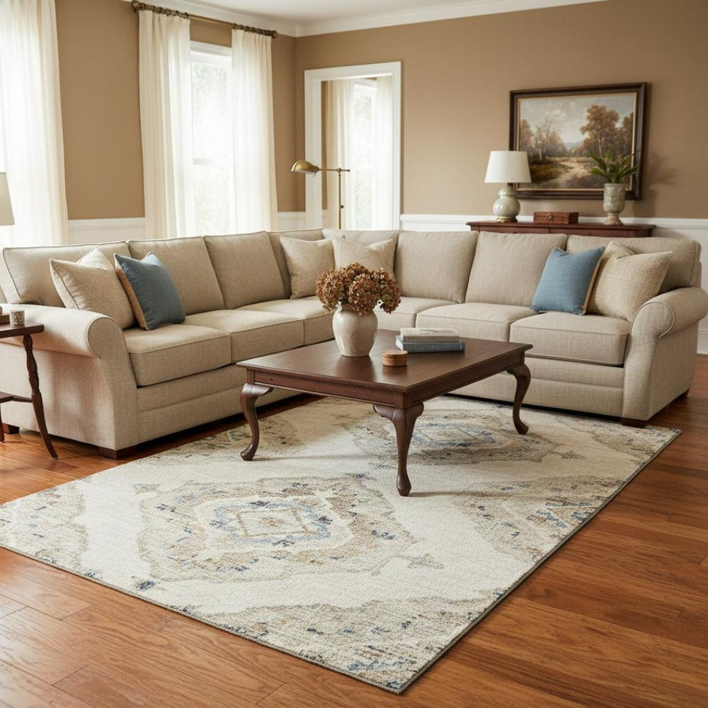 HomeRoots 8' X 10' Linen Ivory and Blue Tribal Area Rug – Washable, UV Protected, Perfect for Busy Homes! 644178