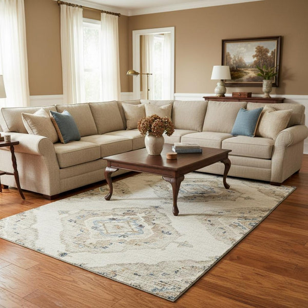 HomeRoots 8' X 10' Linen Ivory and Blue Tribal Area Rug – Washable, UV Protected, Perfect for Busy Homes! 644178