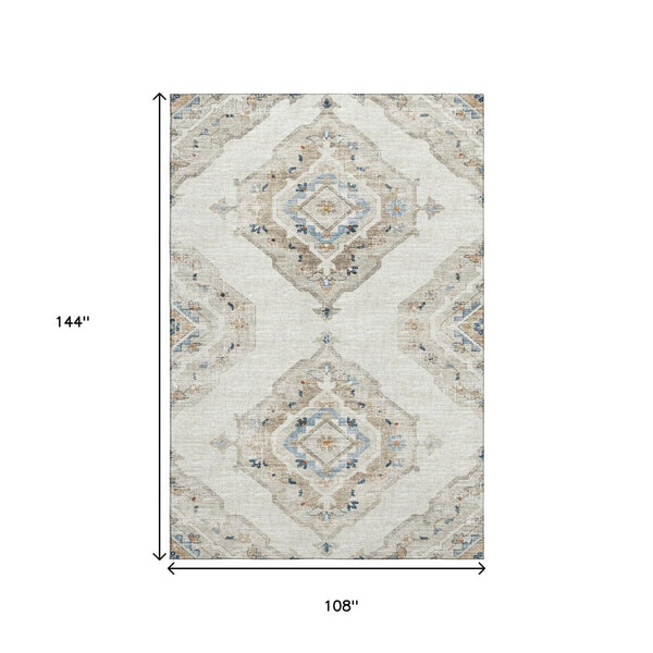 HomeRoots 9' X 12' Linen Ivory and Blue Tribal Area Rug – Washable, UV-Protected, Stain Resistant for Homes 644179